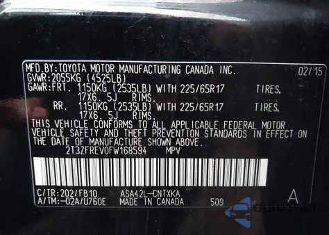 2015 Toyota Rav4 Le from USA, damaged, VIN 2T3ZFREV0FW168594